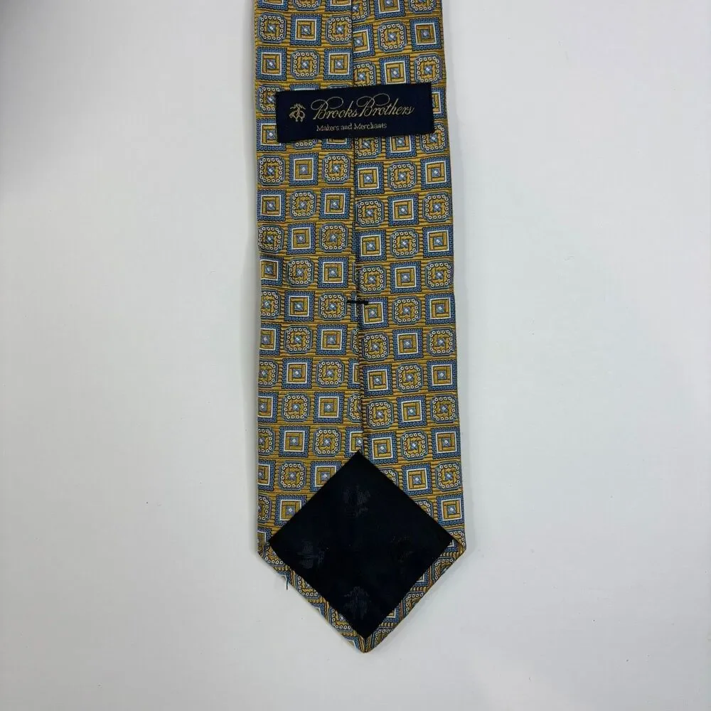 Brooks Brothers Silk Tie yellow blue, Makers And Merchants, geometric, vintage